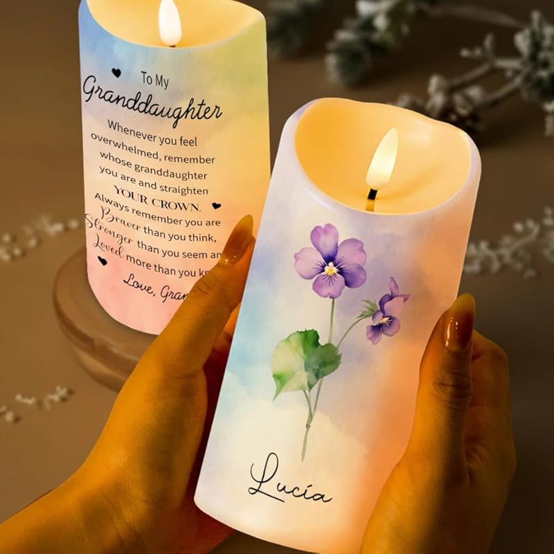 Straighten Your Crown Granddaughter Personalized Custom LED Candle, Personalized To My Daughter Granddaughter Birth Flower Led Candle TD0032