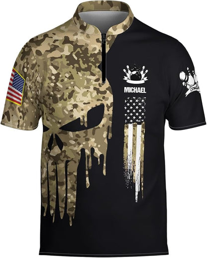 Custom Skull Camouflage Bowling Jersey Shirts For Men, Custom Skull Bowling Shirt BZ0213