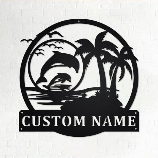Custom Dolphin Beach Palm Tree Metal Wall Art Personalized Metal Name Sign Coastal Decoration for Lake or Beach House Family Outdoors Decor CN3309
