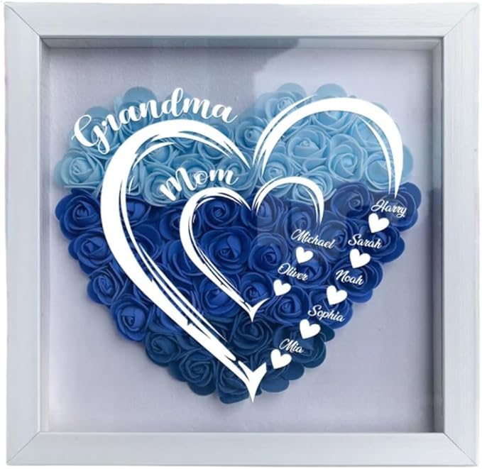 Mom Grandma Hearts Custom Kids' Names Personalized Flower Shadow Box With LED Light, Custom Grandma Mom Heart Shaped Monogram Flower Shadow Box TD0028