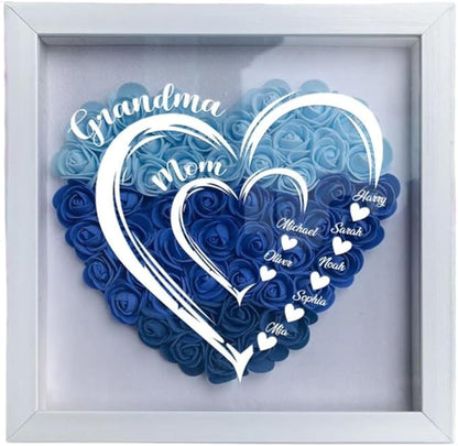 Mom Grandma Hearts Custom Kids' Names Personalized Flower Shadow Box With LED Light, Custom Grandma Mom Heart Shaped Monogram Flower Shadow Box TD0028