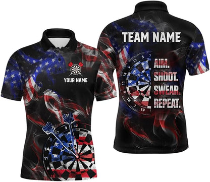 Aim Shoot Swear Repeat Custom USA Flag Smoke Dart Mens Polo Shirt, Custom Funny Patriotic Darts Team Shirt DZ0181