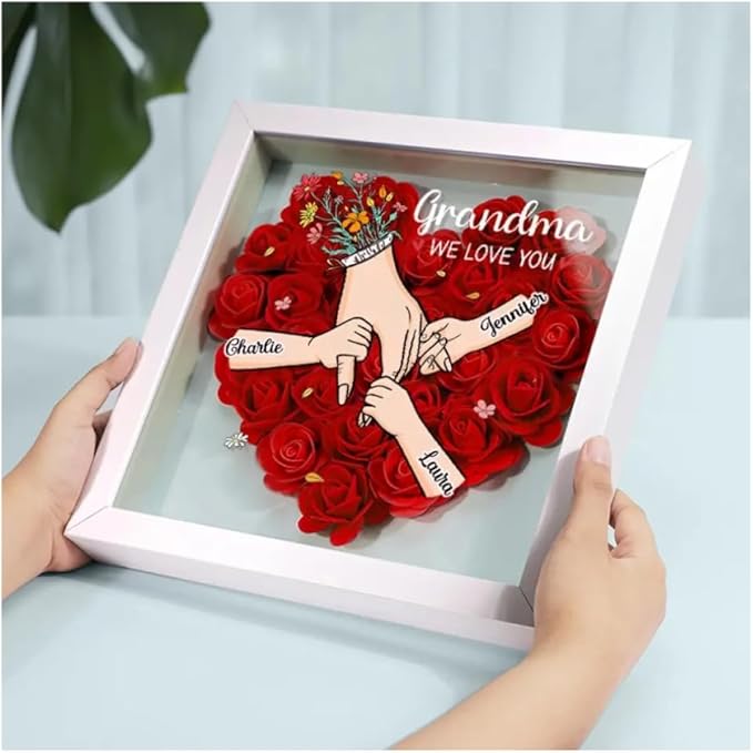 Family Love Blooms Forever Personalised Mum & Grandma Flower Shadow Box with Names, Mom Hands Holding We Love You Personalized Flower Shadow TD0013