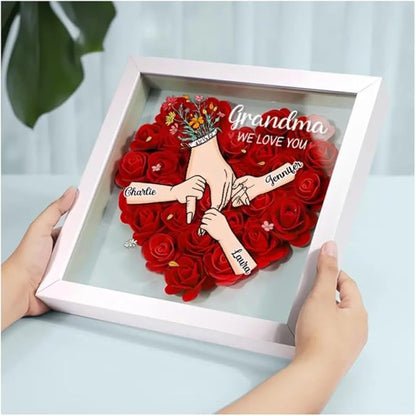 Family Love Blooms Forever Personalised Mum & Grandma Flower Shadow Box with Names, Mom Hands Holding We Love You Personalized Flower Shadow TD0013