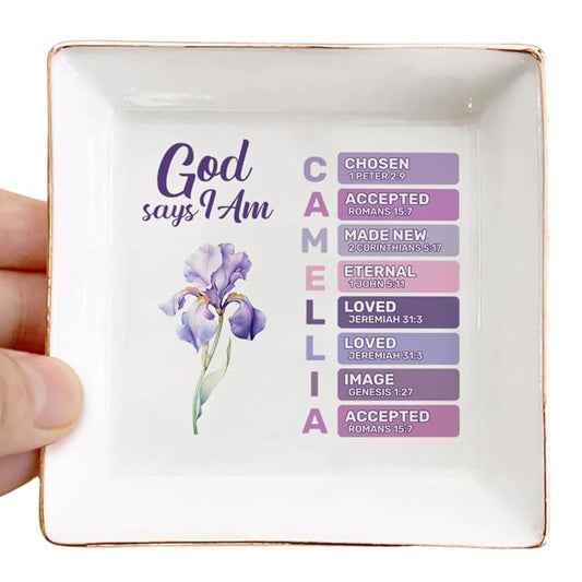 God Says I Am Personalized Jewelry Dish For Women, Personalized Christian Jewelry Dish TD0004