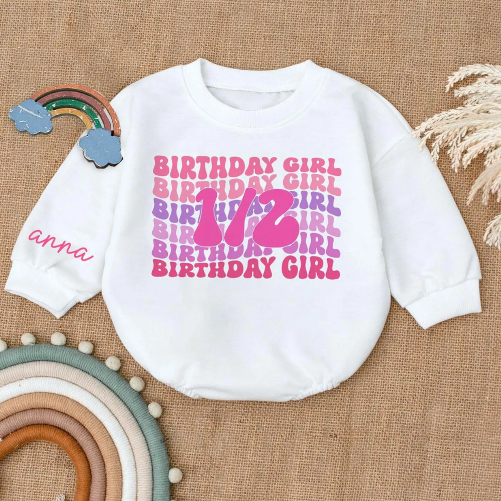 1/2 Birthday Girl Custom Name Romper Sweatshirt, Custom Half Birthday Romper Sweatshirt BB0117