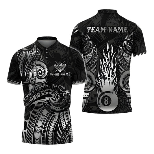 Custom Tribal Black And Grey 8 Ball Billiard Polo Shirt For Men, Custom Tribal Billiard Team Shirts BIE0032