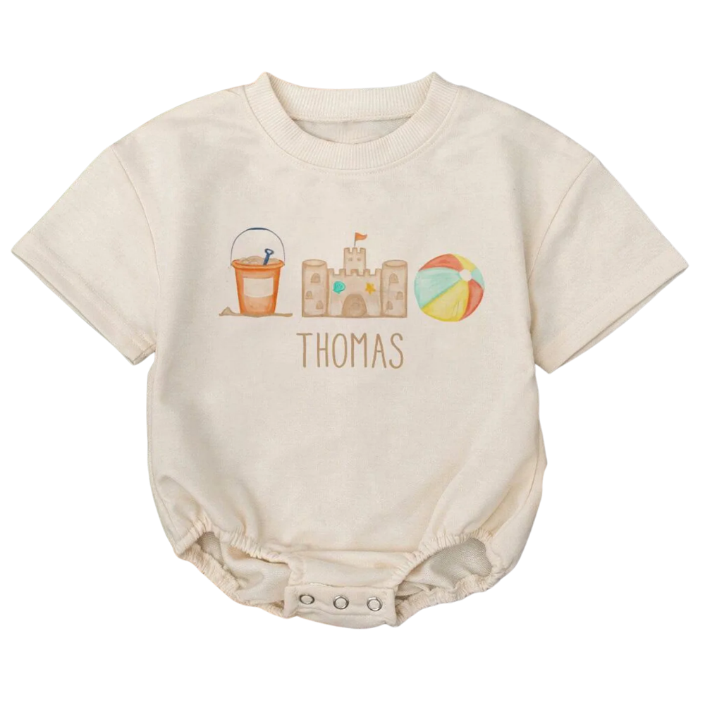 Beach Toys Trio Custom Baby Name T Shirt Romper, Personalized Summer Baby Romper BB0148