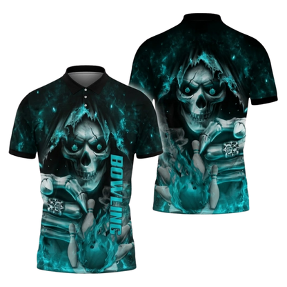 Custom Blue Skull Flaming Ball Bowling Polo Shirts For Men, Custom Skull Bowling Team Shirts BZ1088