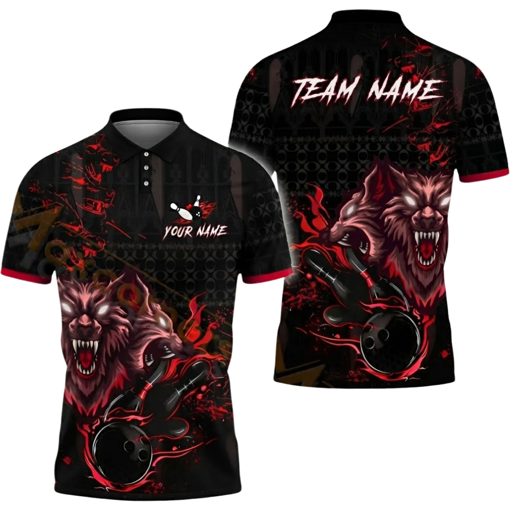Custom Mens Wolf Bowling Polo Shirt Black Red, Custom Wolf Bowling Team Shirts BZ0599