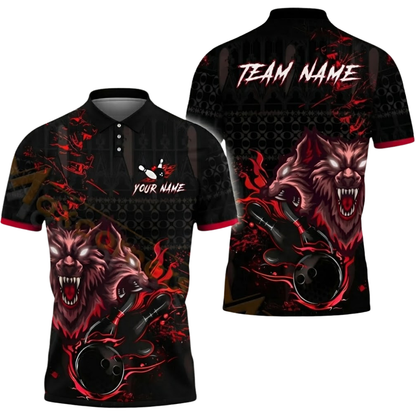Custom Mens Wolf Bowling Polo Shirt Black Red, Custom Wolf Bowling Team Shirts BZ0599