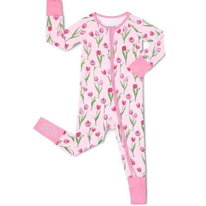 Tuplip Flower Pink Baby Romper Convertible Footie Zipper, Floral Baby Convertible Romper BB0374