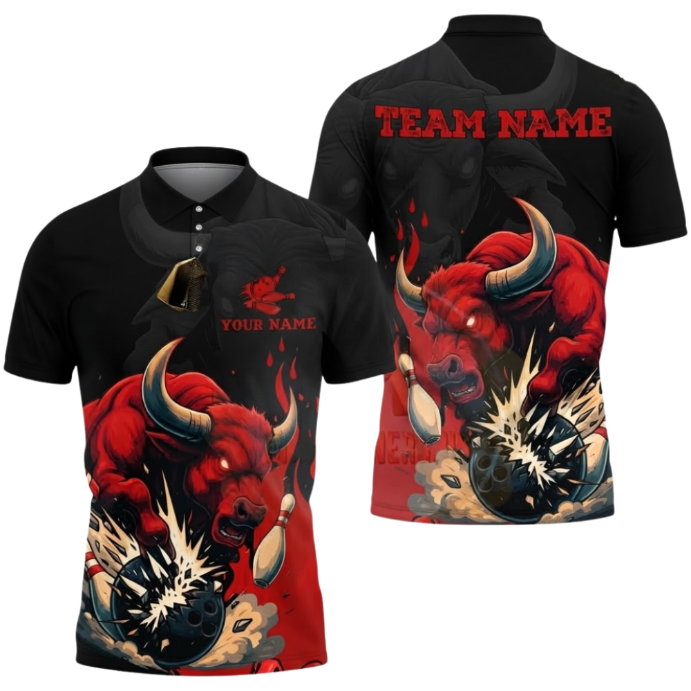 Custom Bull Red Black Bowling Polo Shirt For Men, Custom Bull Bowling Team Shirt BZ0932