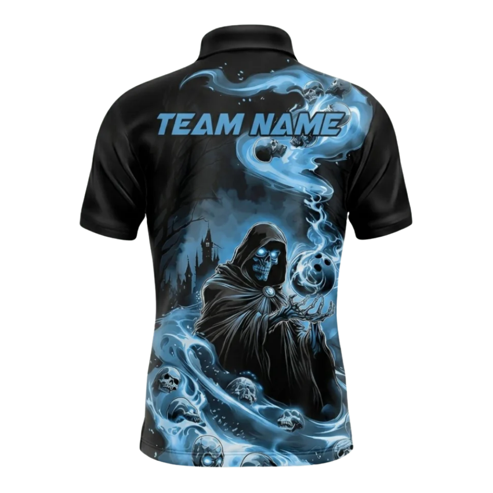 Custom Grim Reaper Flame Bowling Polo Shirt For Men, Custom Skull Bowling Team Shirt Blue Black BZ0596