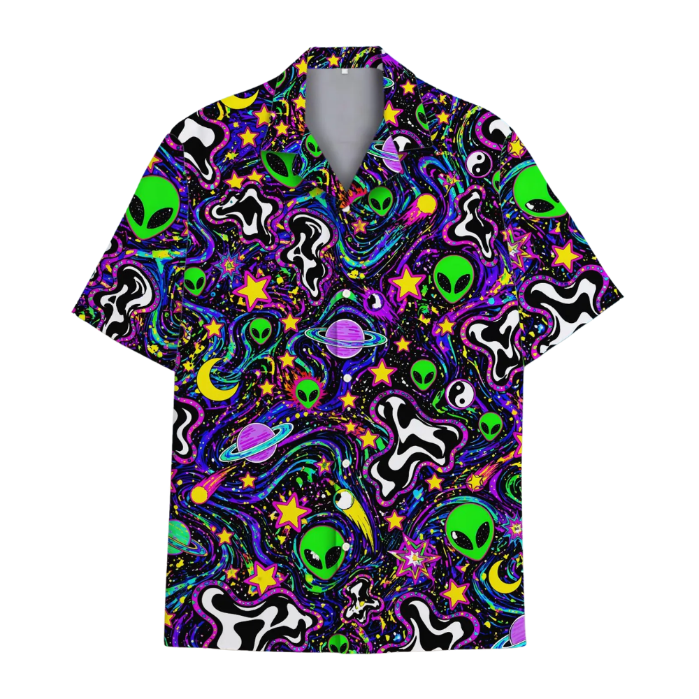 Alien Neon Purple Black Hawaiian Shirt For Men Women, Alien Space Hawaiian Shirts HE0538