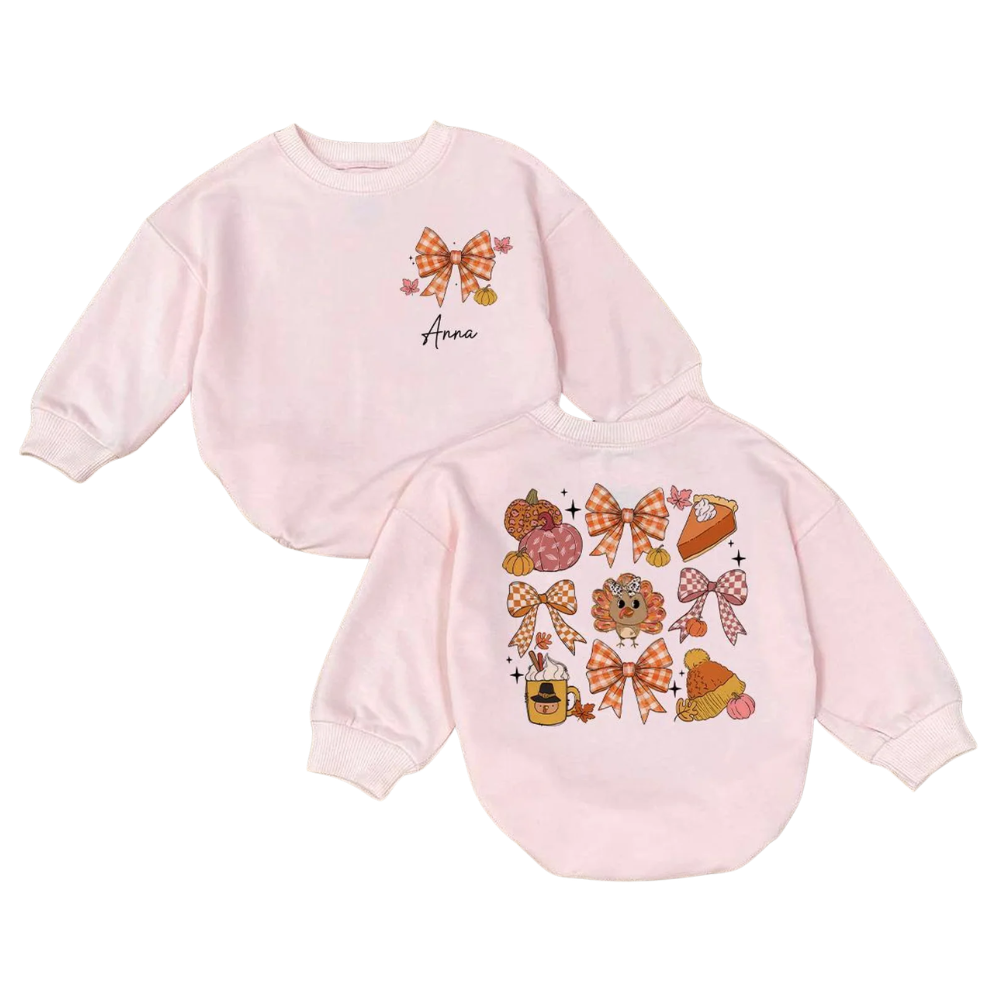 Custom Turkey Pumpkin Baby Girl Romper Sweatshirt, Custom Thanksgiving Romper Sweatshirt Baby BB0745