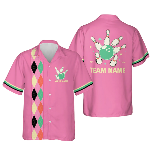Custom Argyle Retro Pink Hawaiian Bowling Shirt Men And Women, Custom Team Retro Bowling Shirts BE0185