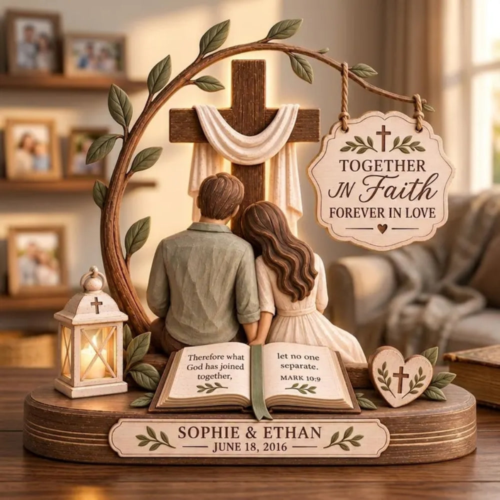 Together In Faith Forever In Love Custom Bible Verse Couple Wooden Block, Custom Christian Wedding Anniversary Wooden Plaque WD0776