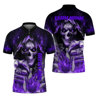 Custom Blue Skull Flaming Ball Bowling Polo Shirts For Men, Custom Skull Bowling Team Shirts BZ1088