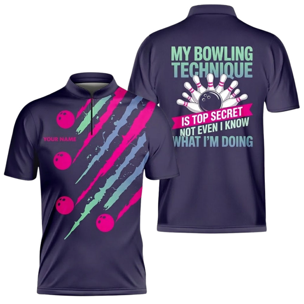 My Bowling Technique Is Top Secret Not Even I Know What I'm Doing Custom Mens Purple Bowling Jersey, Custom Funny Bowling Shirts BZ0564