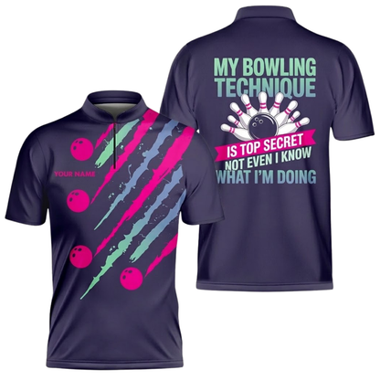 My Bowling Technique Is Top Secret Not Even I Know What I'm Doing Custom Mens Purple Bowling Jersey, Custom Funny Bowling Shirts BZ0564
