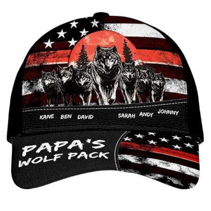 Papa's Wolf Pack Custom Kid Names Wolf Baseball Cap For Dad, Custom Wolf Father's Day Hat CP0460