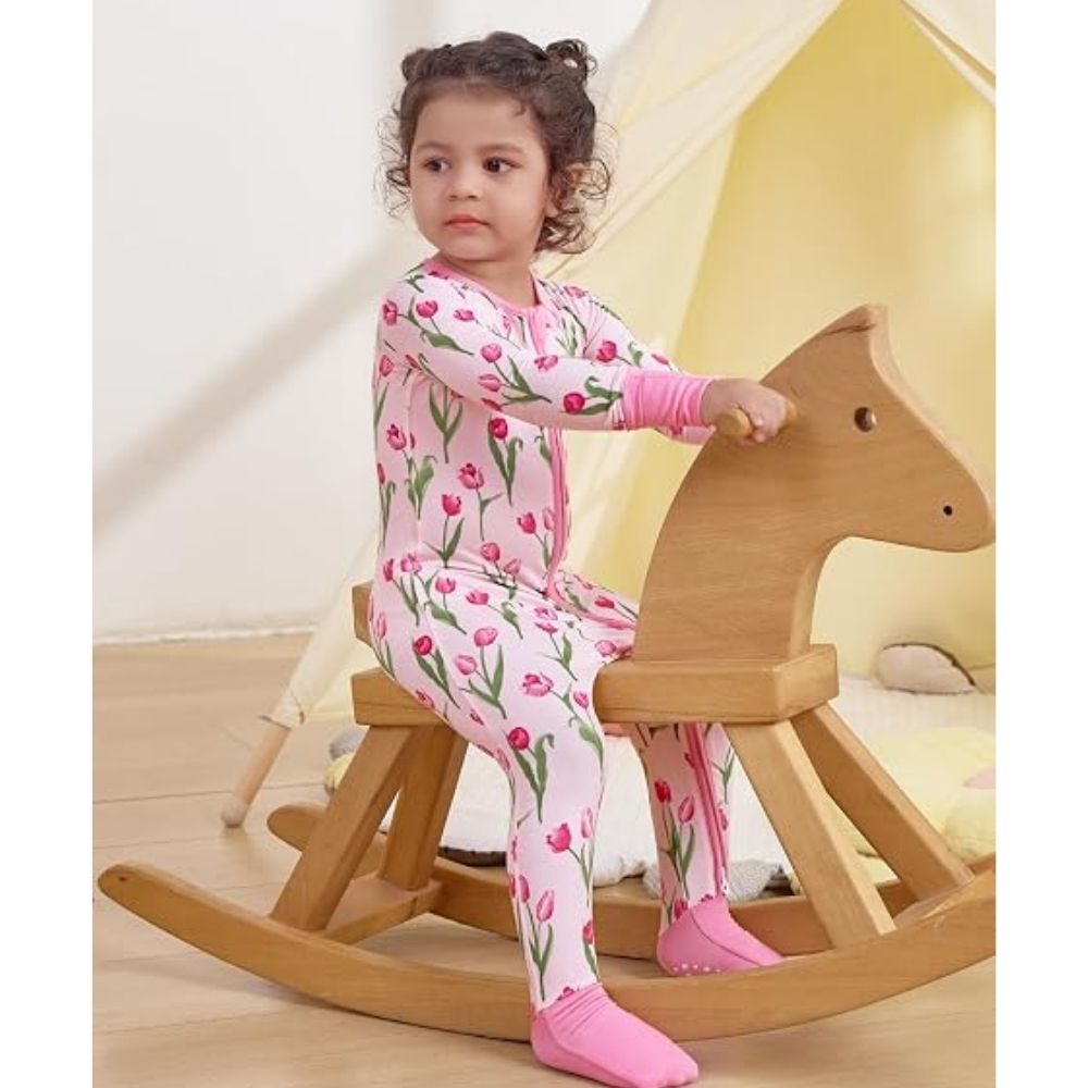 Tuplip Flower Pink Baby Romper Convertible Footie Zipper, Floral Baby Convertible Romper BB0374