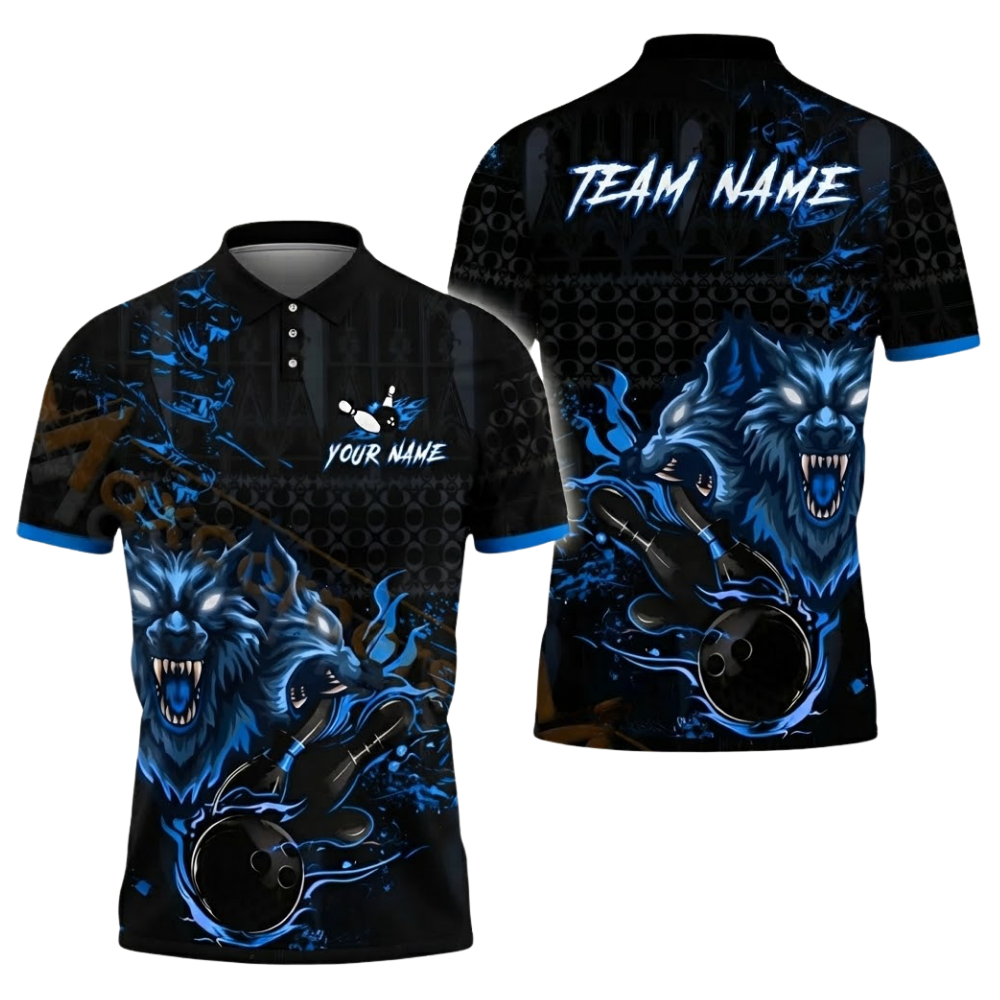 Custom Mens Wolf Bowling Polo Shirt Black Red, Custom Wolf Bowling Team Shirts BZ0599