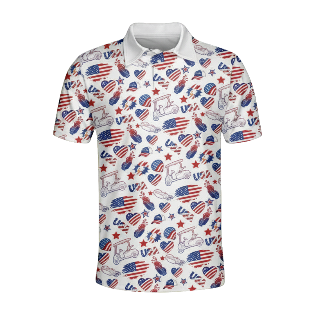USA Flag White Red Blue Pattern Golf Polo Shirt Men, 4th Of July Golf Shirts GE0492