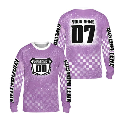 Custom Checkered Purple Motocross Long Sleeve Jersey For Men, Custom Checkered Racing Dirt Bike Shirts ME0030