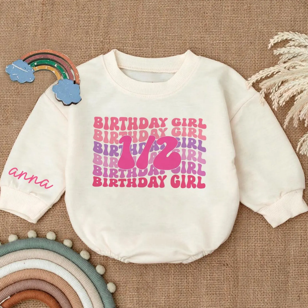 1/2 Birthday Girl Custom Name Romper Sweatshirt, Custom Half Birthday Romper Sweatshirt BB0117