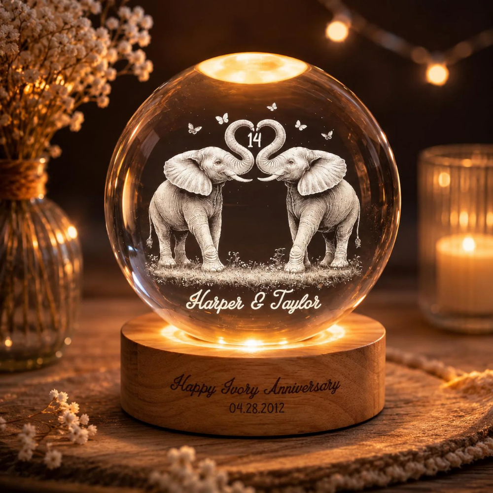 Happy Ivory Anniversary Custom Elephant Couple Crystal Ball Led Night Light, Custom 14 Years Wedding Keepsake Night Light WD0863