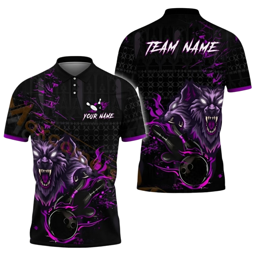 Custom Mens Wolf Bowling Polo Shirt Black Red, Custom Wolf Bowling Team Shirts BZ0599