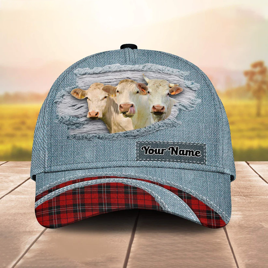Charolais Red Caro And Jeans Pattern Customized Name Cap CA0155