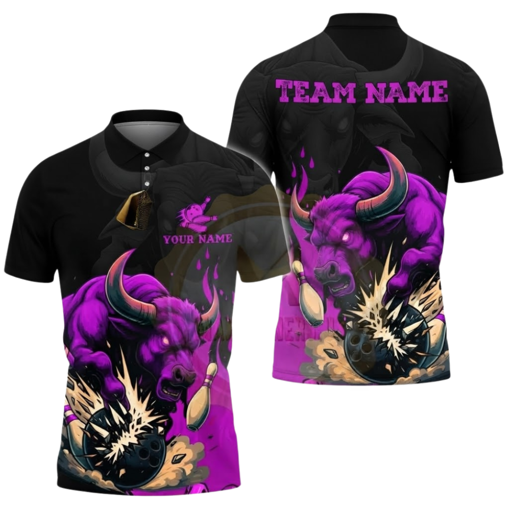 Custom Bull Red Black Bowling Polo Shirt For Men, Custom Bull Bowling Team Shirt BZ0932