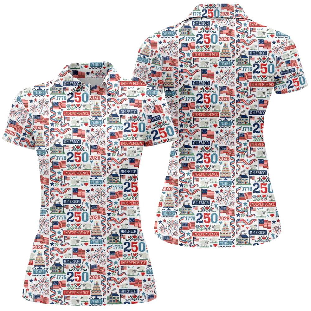 250th Anniversary Pattern White Red Blue Womens Golf Polo Shirt, 4th Of July Golf Shirt For Womens GZ0311