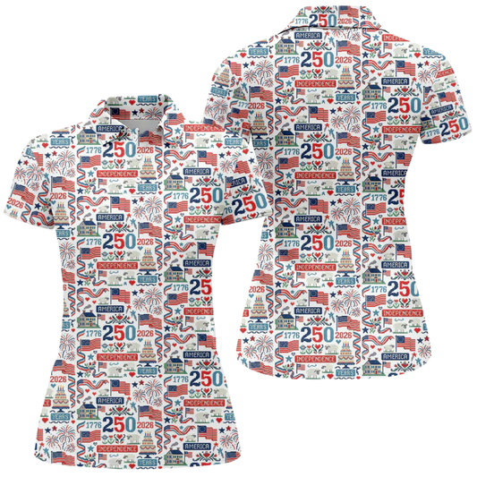 250th Anniversary Pattern White Red Blue Womens Golf Polo Shirt, 4th Of July Golf Shirt For Womens GZ0311