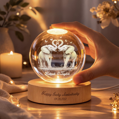 Happy Ivory Anniversary Custom Elephant Couple Crystal Ball Led Night Light, Custom 14 Years Wedding Keepsake Night Light WD0863