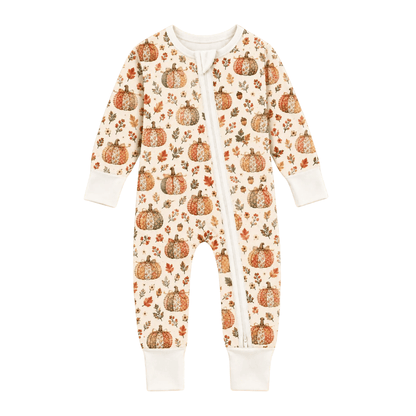 Pumpkin Patchwork Floral Baby Romper Convertible Zippy, Pumpkin Baby Convertible Romper For Thanksgiving BB0981