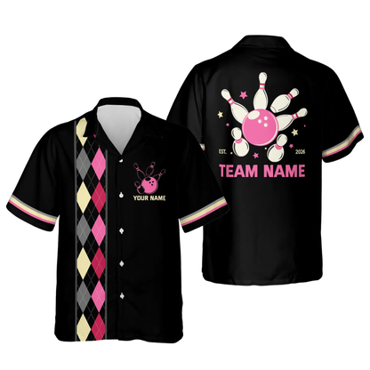 Custom Argyle Retro Pink Hawaiian Bowling Shirt Men And Women, Custom Team Retro Bowling Shirts BE0185