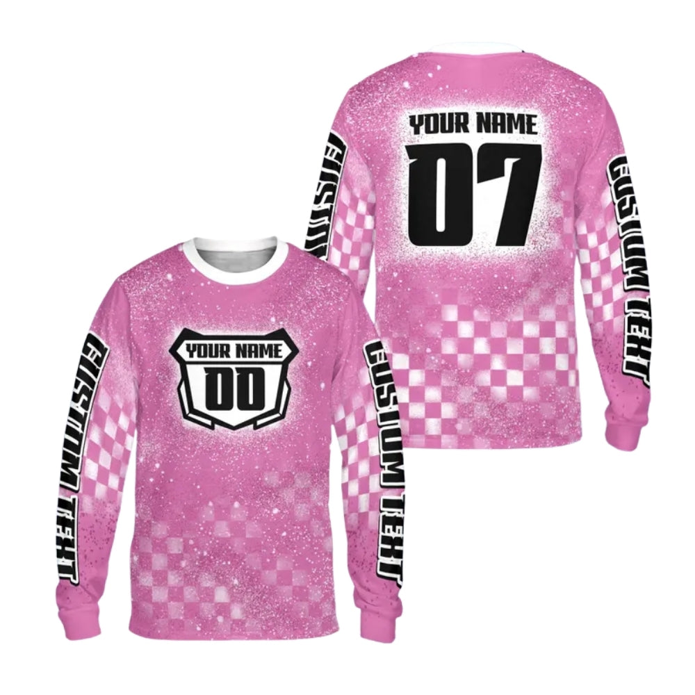 Custom Checkered Purple Motocross Long Sleeve Jersey For Men, Custom Checkered Racing Dirt Bike Shirts ME0030
