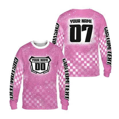 Custom Checkered Purple Motocross Long Sleeve Jersey For Men, Custom Checkered Racing Dirt Bike Shirts ME0030
