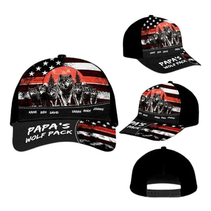 Papa's Wolf Pack Custom Kid Names Wolf Baseball Cap For Dad, Custom Wolf Father's Day Hat CP0460