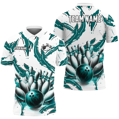 Custom Team White And Cyan Bowling Polo Shirt For Men, Custom Bowling Shirts BZ0751