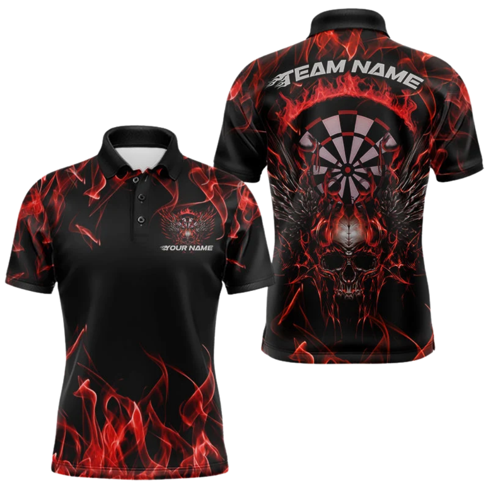 Custom Skull Red Flaming Dart Mens Polo Shirt, Custom Skull Dart Shirt For Team DZ0138