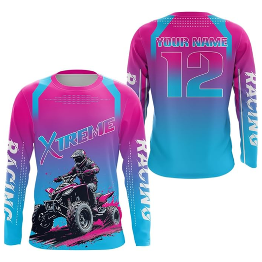 ATV Custom Cyan Pink Long Sleeve Jerey Mens, Custom ATV Racing Shirt MZ0116