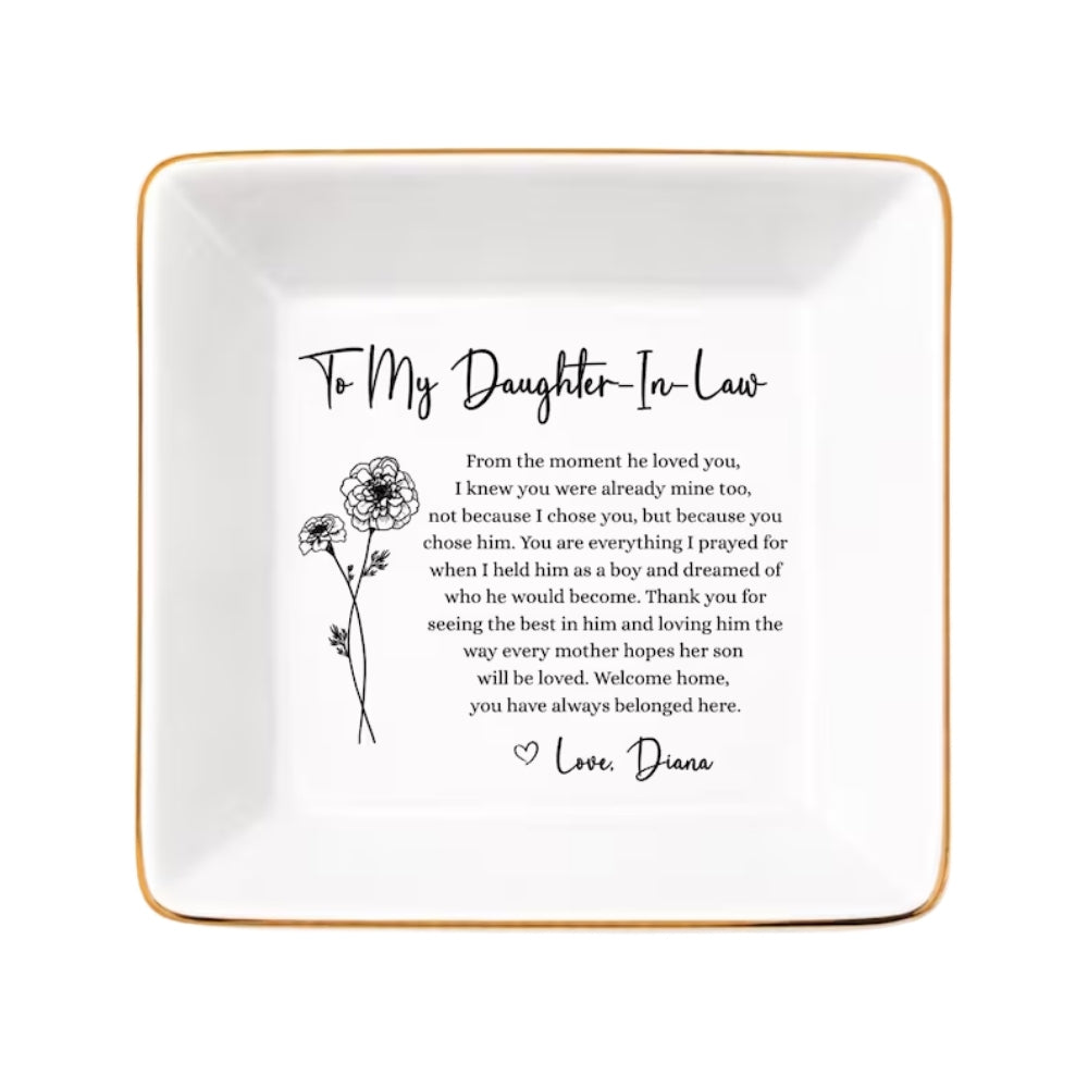 Custom Birth Month Flower To My Daughter in Law Jewelry Dish, Custom Wedding Ring Dish For Daughter in Law WD0087