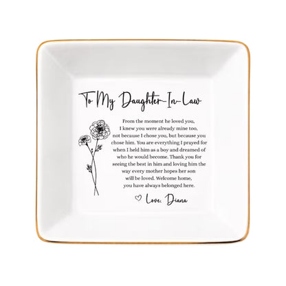 Custom Birth Month Flower To My Daughter in Law Jewelry Dish, Custom Wedding Ring Dish For Daughter in Law WD0087