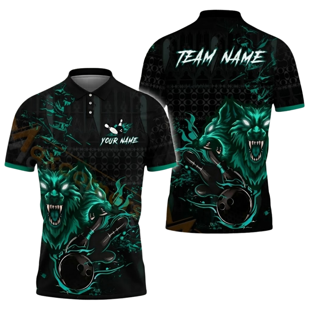 Custom Mens Wolf Bowling Polo Shirt Black Red, Custom Wolf Bowling Team Shirts BZ0599