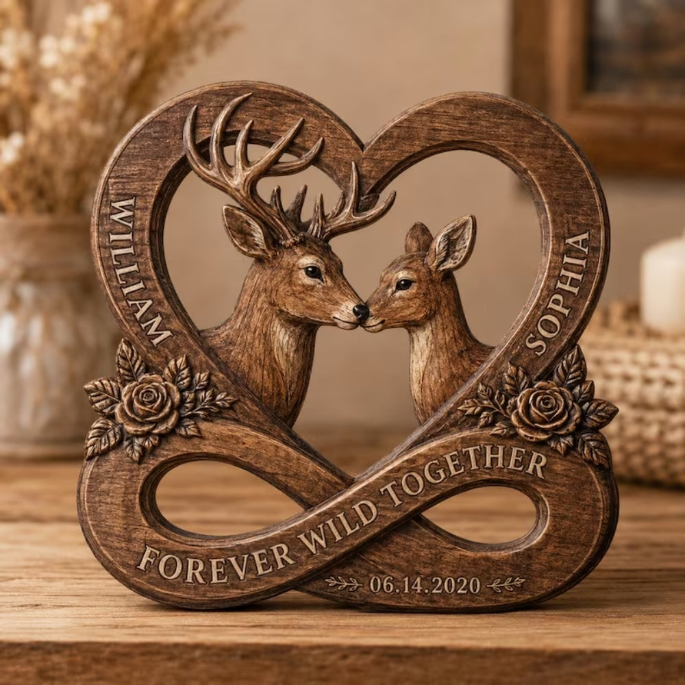 Deer Couple Custom Layer Wooden Plaque Forever Wild Together, Personalized Deer Wedding Keepsake Wooden Block WD0936